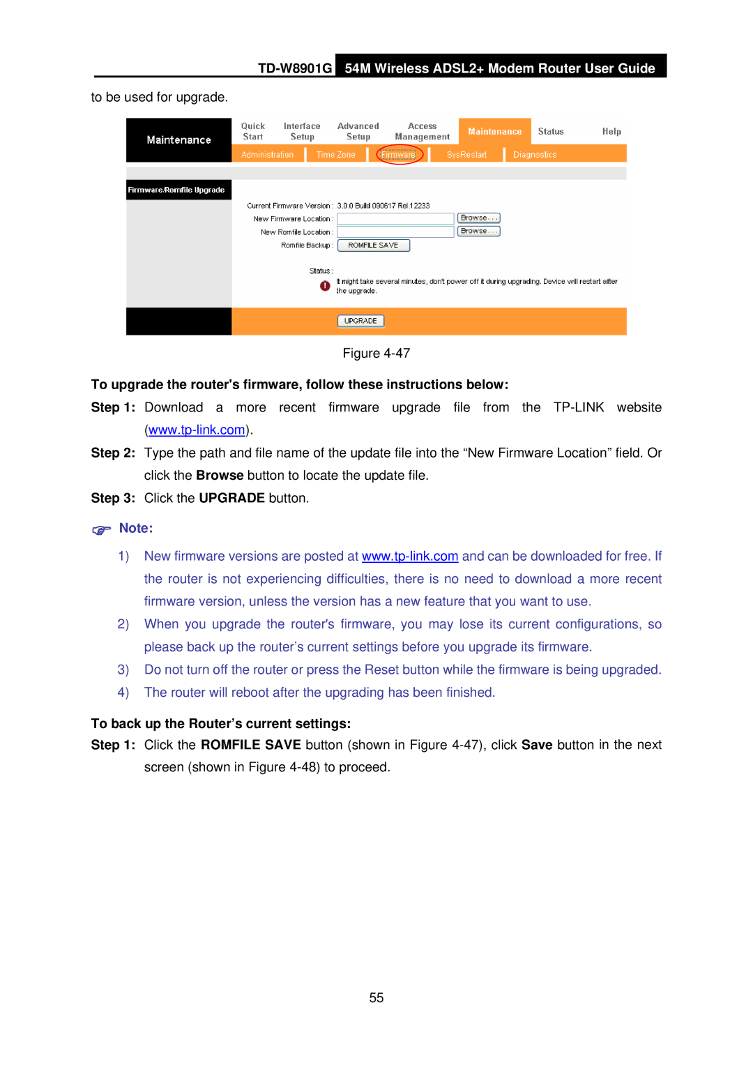 TP-Link TD-W8901G manual To back up the Router’s current settings 