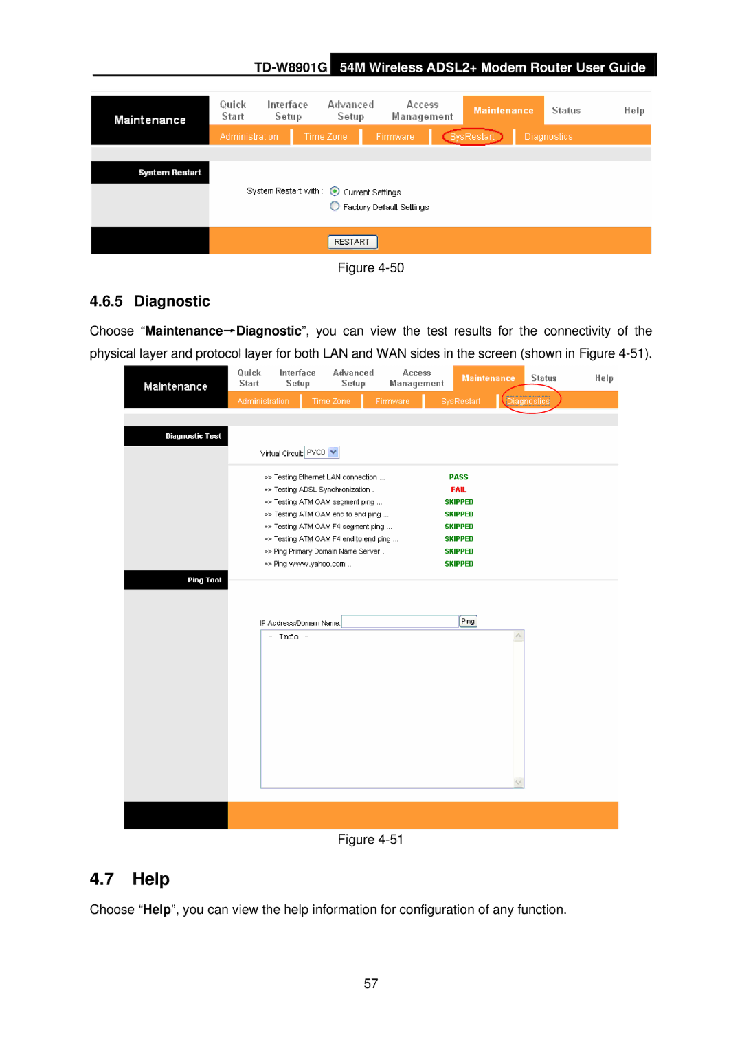 TP-Link TD-W8901G manual Help, Diagnostic 