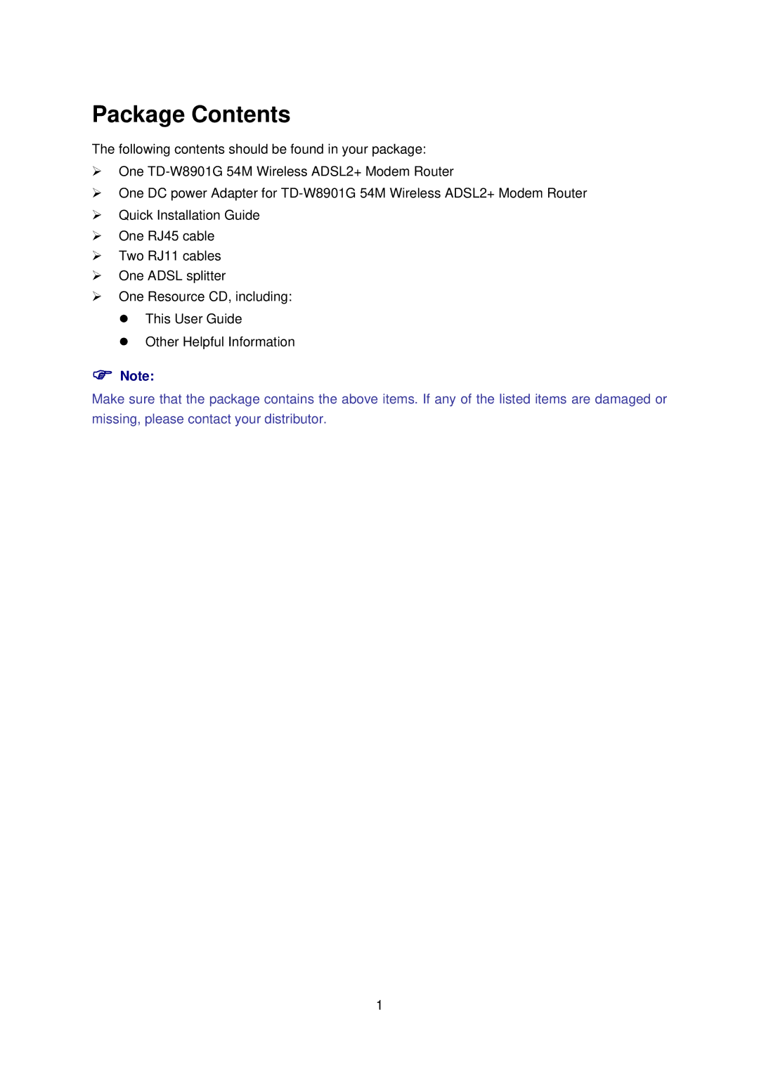 TP-Link TD-W8901G manual Package Contents 