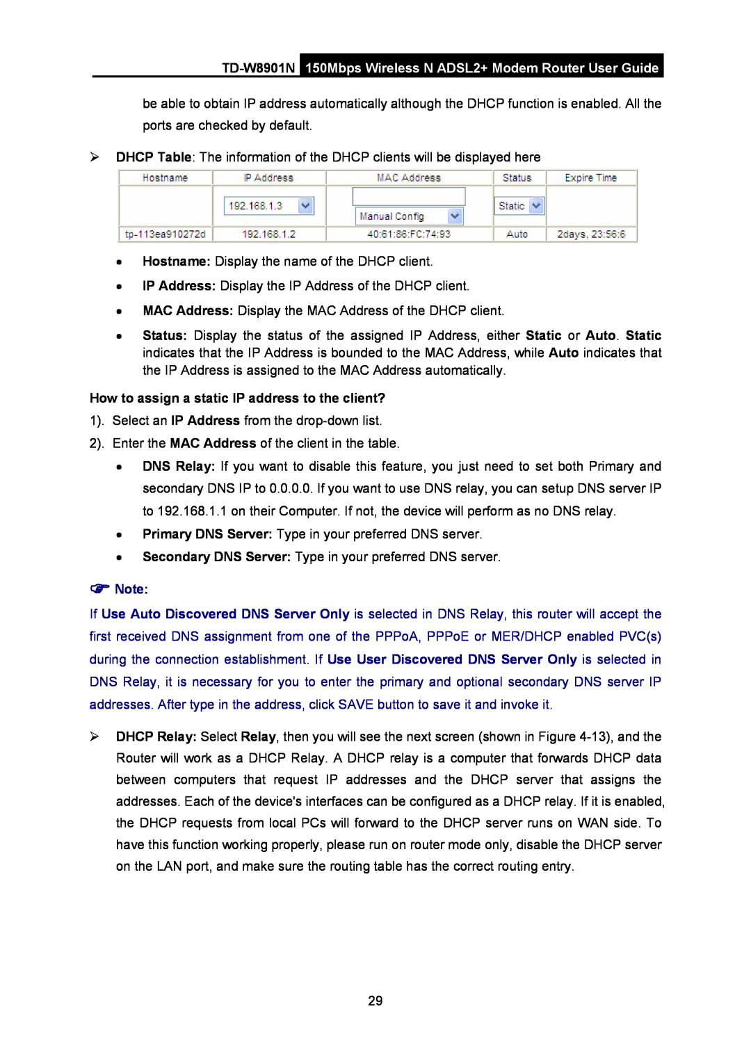 TP-Link TD-W8901N 150Mbps Wireless N ADSL2+ Modem Router User Guide, How to assign a static IP address to the client? 