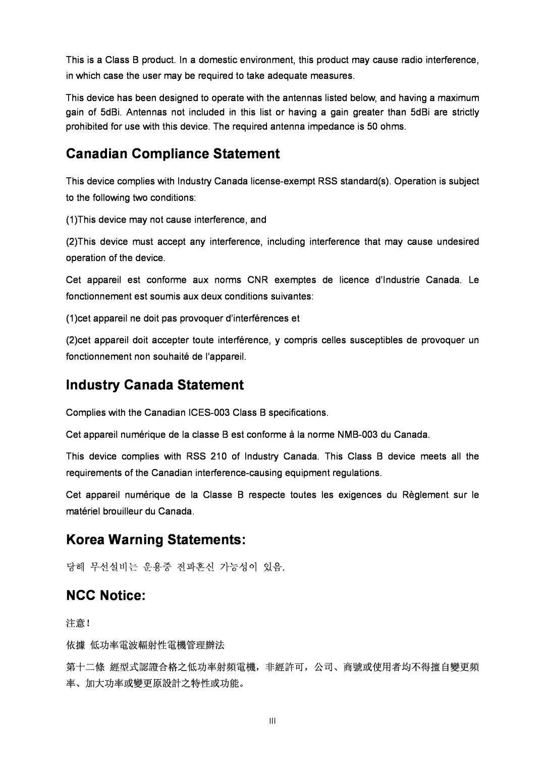 TP-Link TD-W8901N manual Canadian Compliance Statement, Industry Canada Statement, Korea Warning Statements, NCC Notice 
