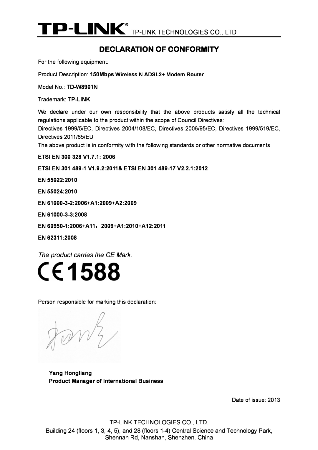 TP-Link TD-W8901N manual Declaration Of Conformity, The product carries the CE Mark, Shennan Rd, Nanshan, Shenzhen, China 