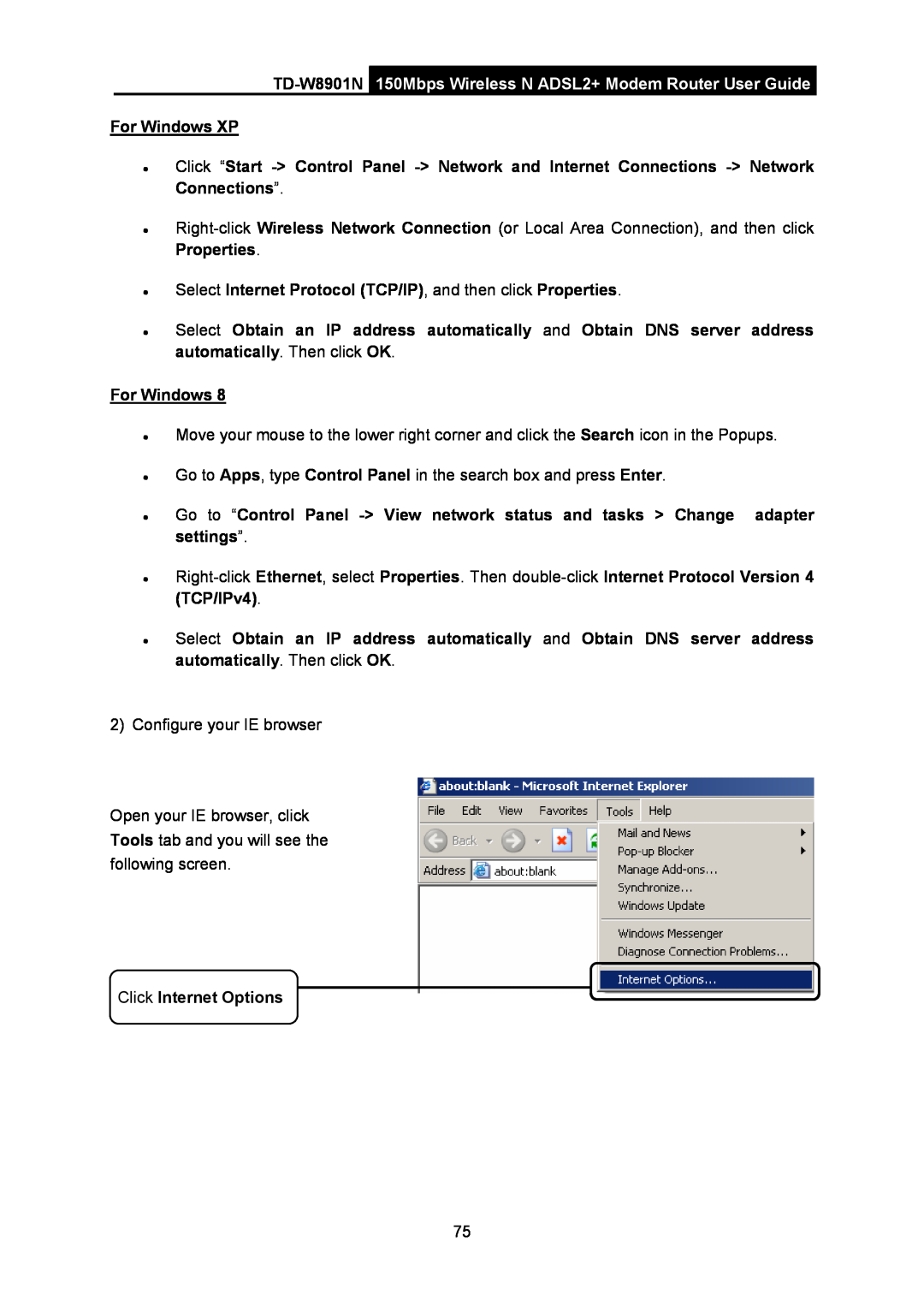 TP-Link TD-W8901N manual 150Mbps Wireless N ADSL2+ Modem Router User Guide, For Windows XP, Click Internet Options 
