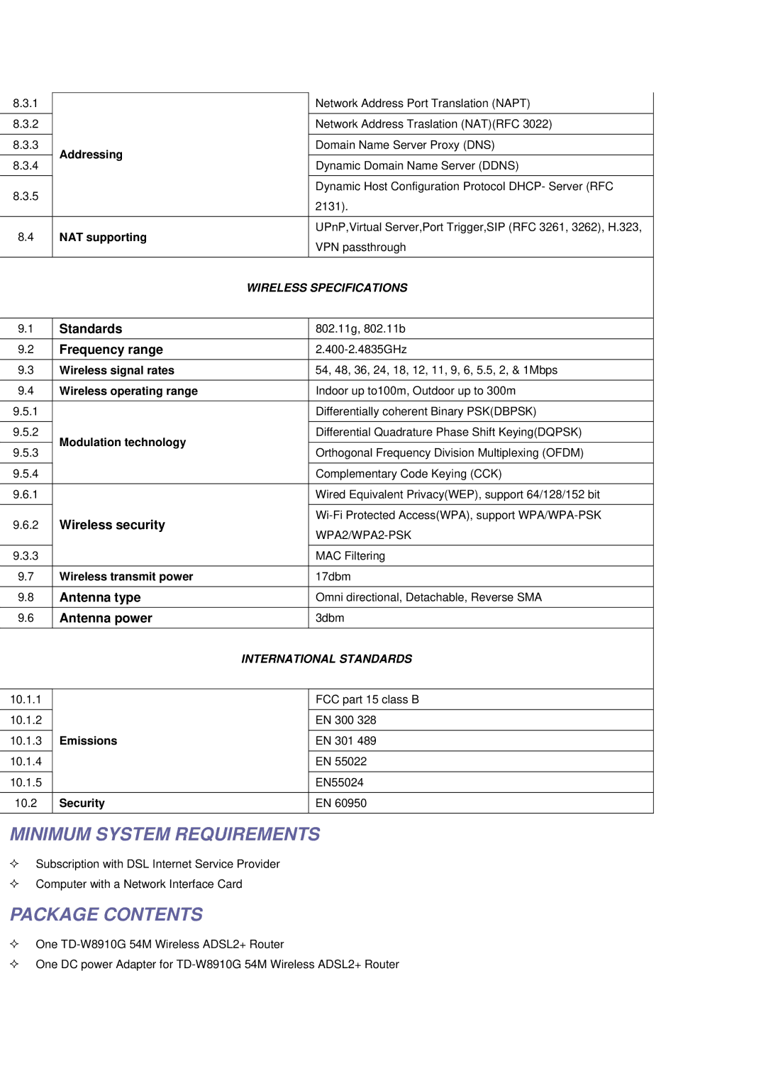 TP-Link TD-W8910G manual Minimum System Requirements, Package Contents 