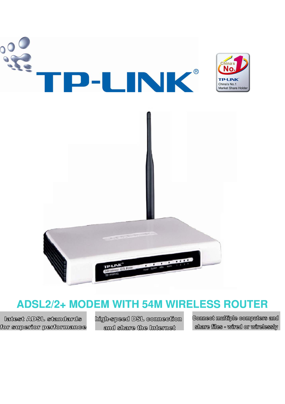 TP-Link TD-W8910G manual ADSL2/2+ MODEM WITH 54M WIRELESS ROUTER 