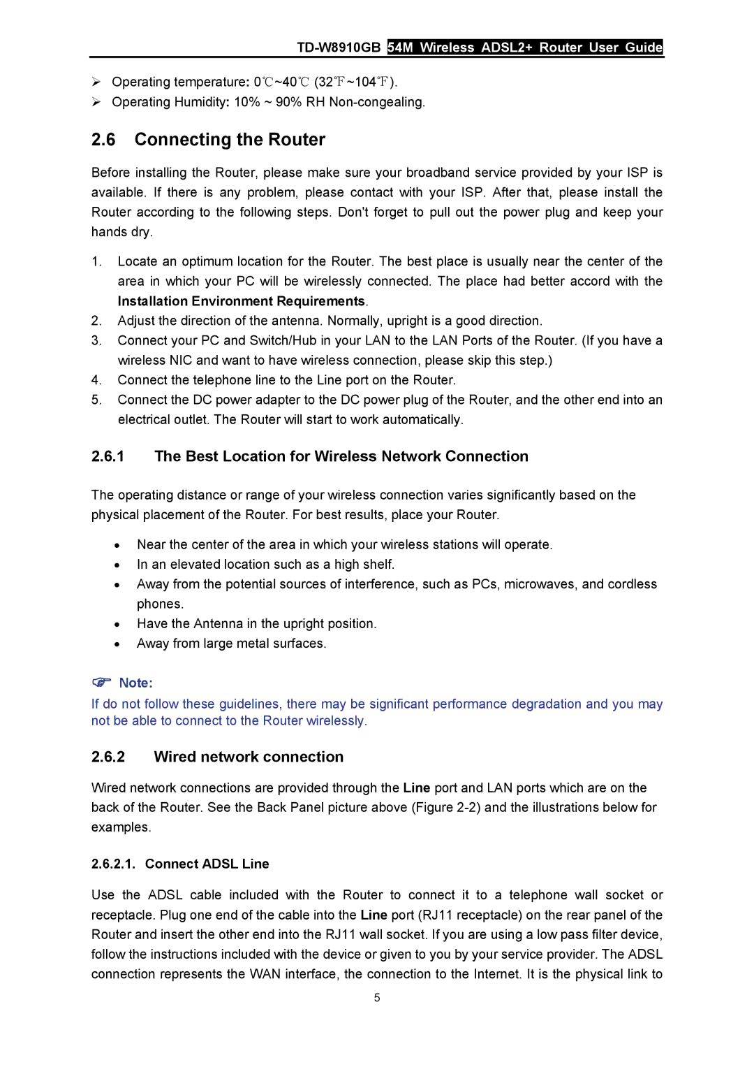 TP-Link TD-W8910GB manual Connecting the Router, Best Location for Wireless Network Connection, Wired network connection 