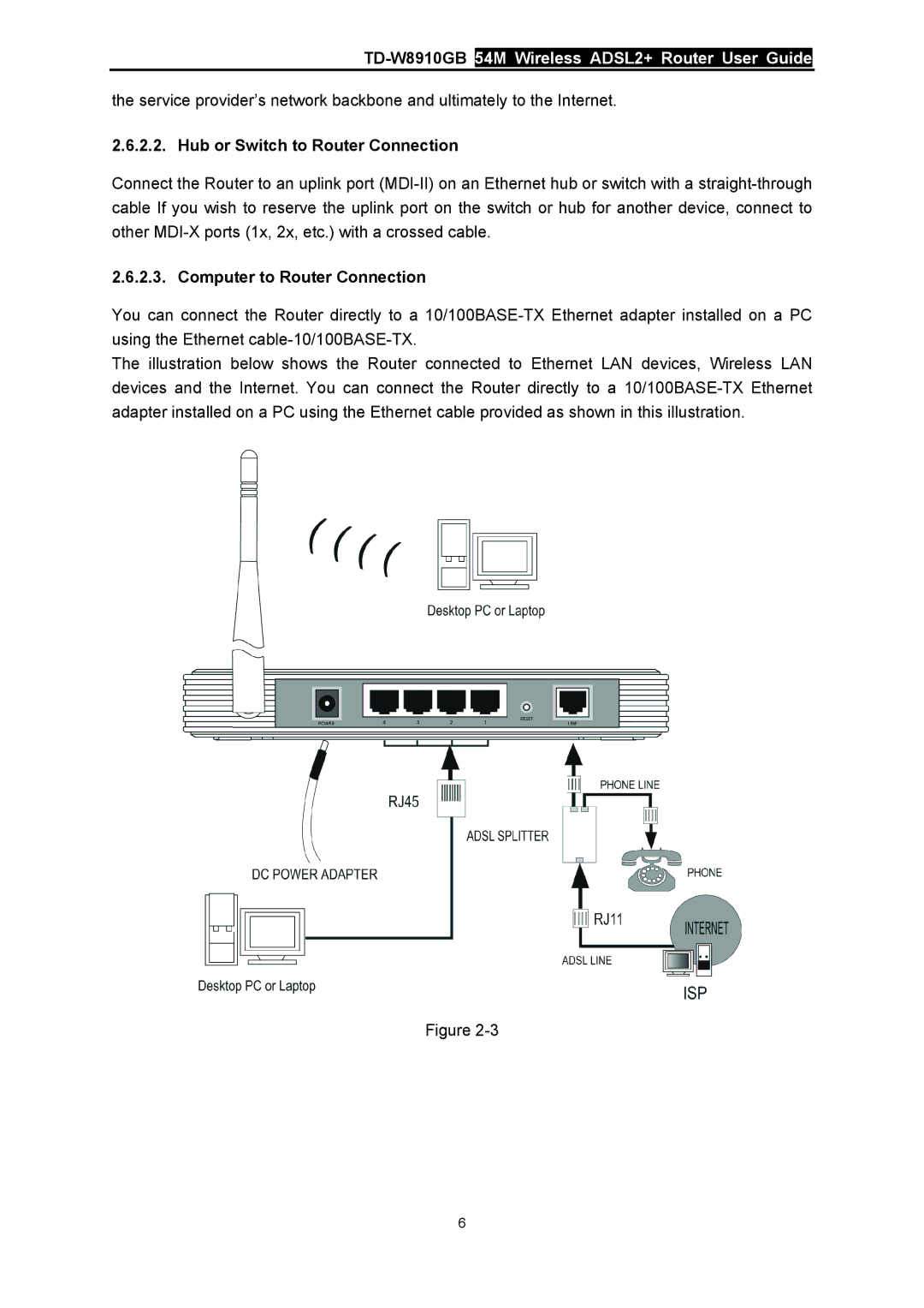 TP-Link TD-W8910GB manual Hub or Switch to Router Connection, Computer to Router Connection 