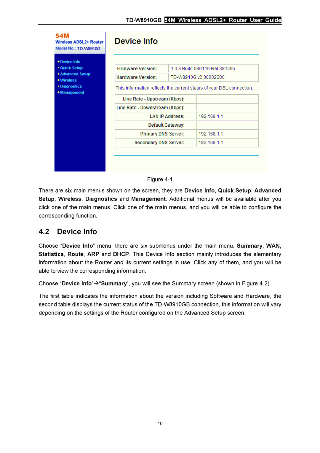 TP-Link TD-W8910GB manual Device Info 