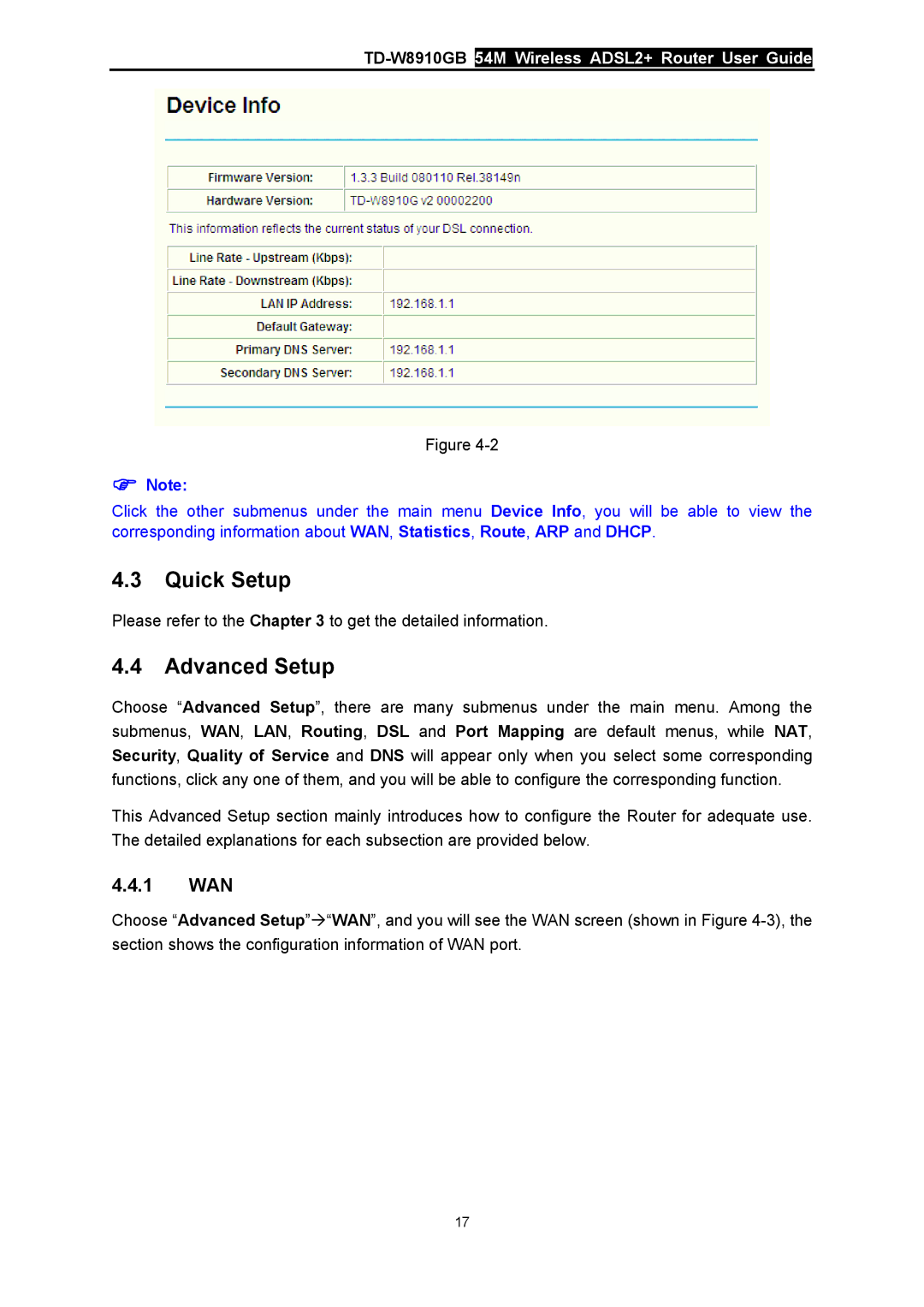 TP-Link TD-W8910GB manual Quick Setup, Advanced Setup, 1 WAN 