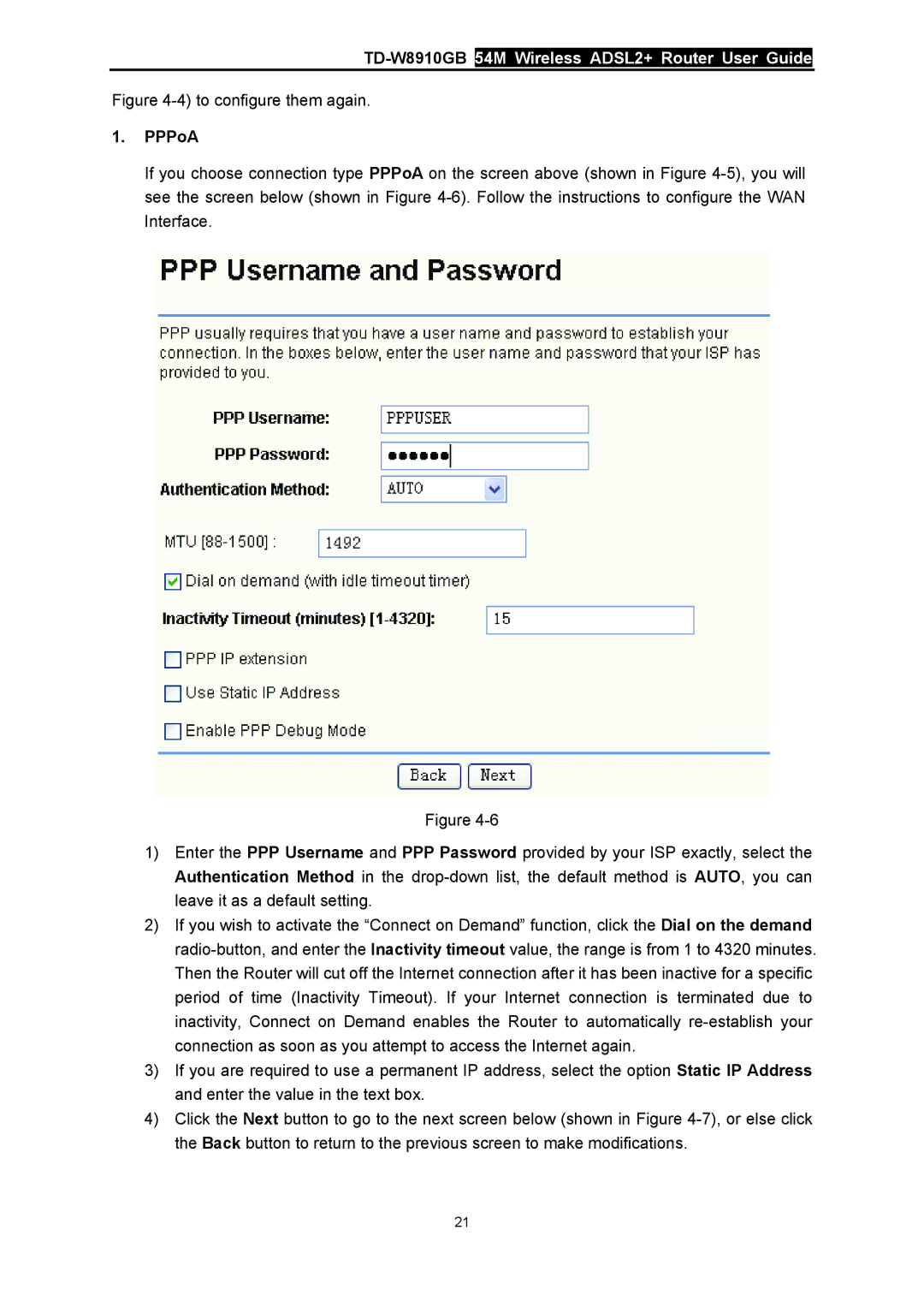 TP-Link TD-W8910GB manual 4to configure them again, PPPoA 