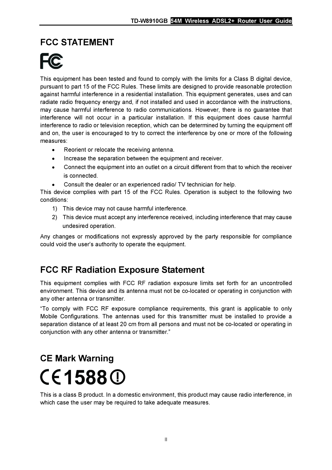 TP-Link TD-W8910GB manual FCC RF Radiation Exposure Statement, CE Mark Warning 