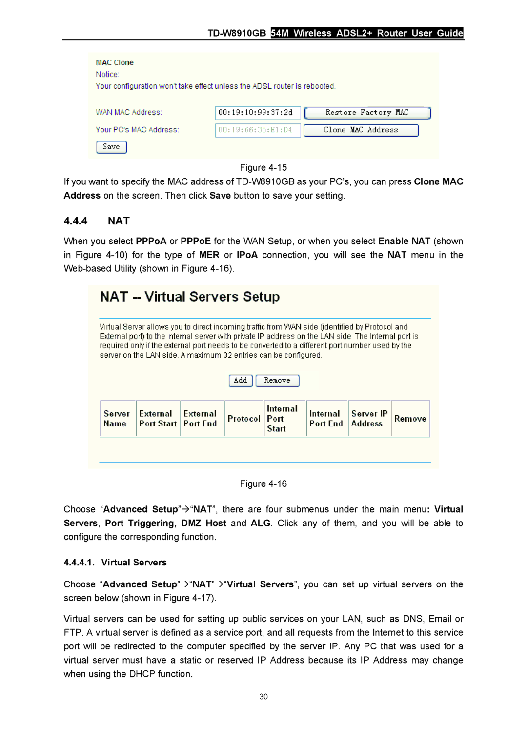 TP-Link TD-W8910GB manual 4 NAT, Virtual Servers 