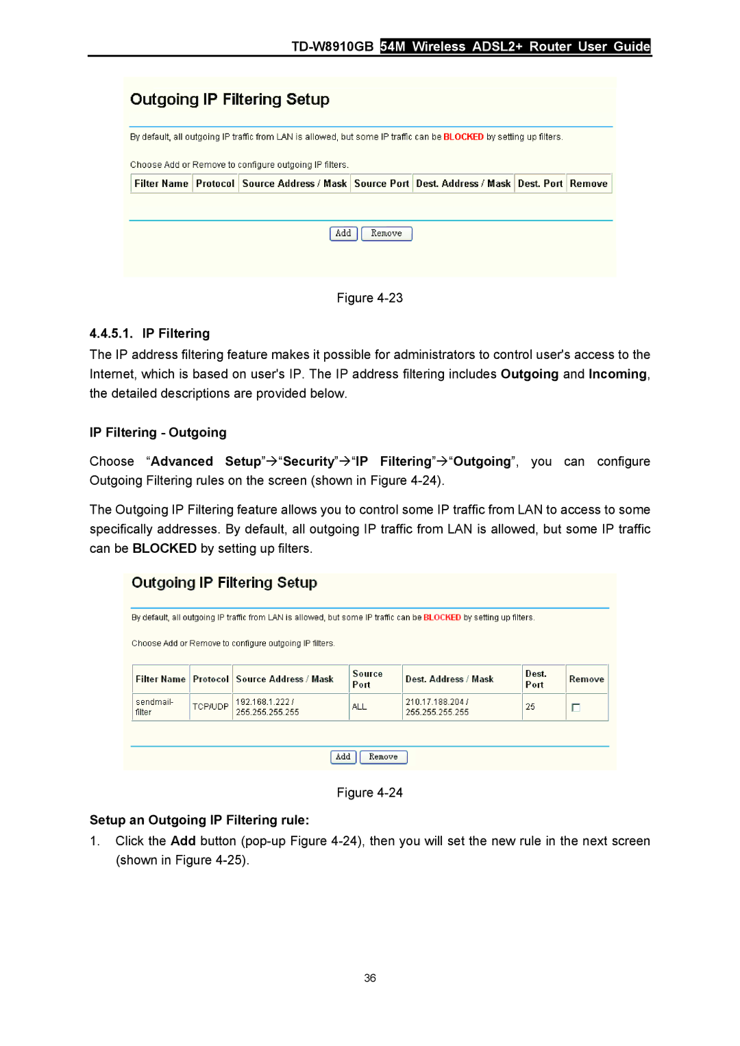 TP-Link TD-W8910GB manual Setup an Outgoing IP Filtering rule 