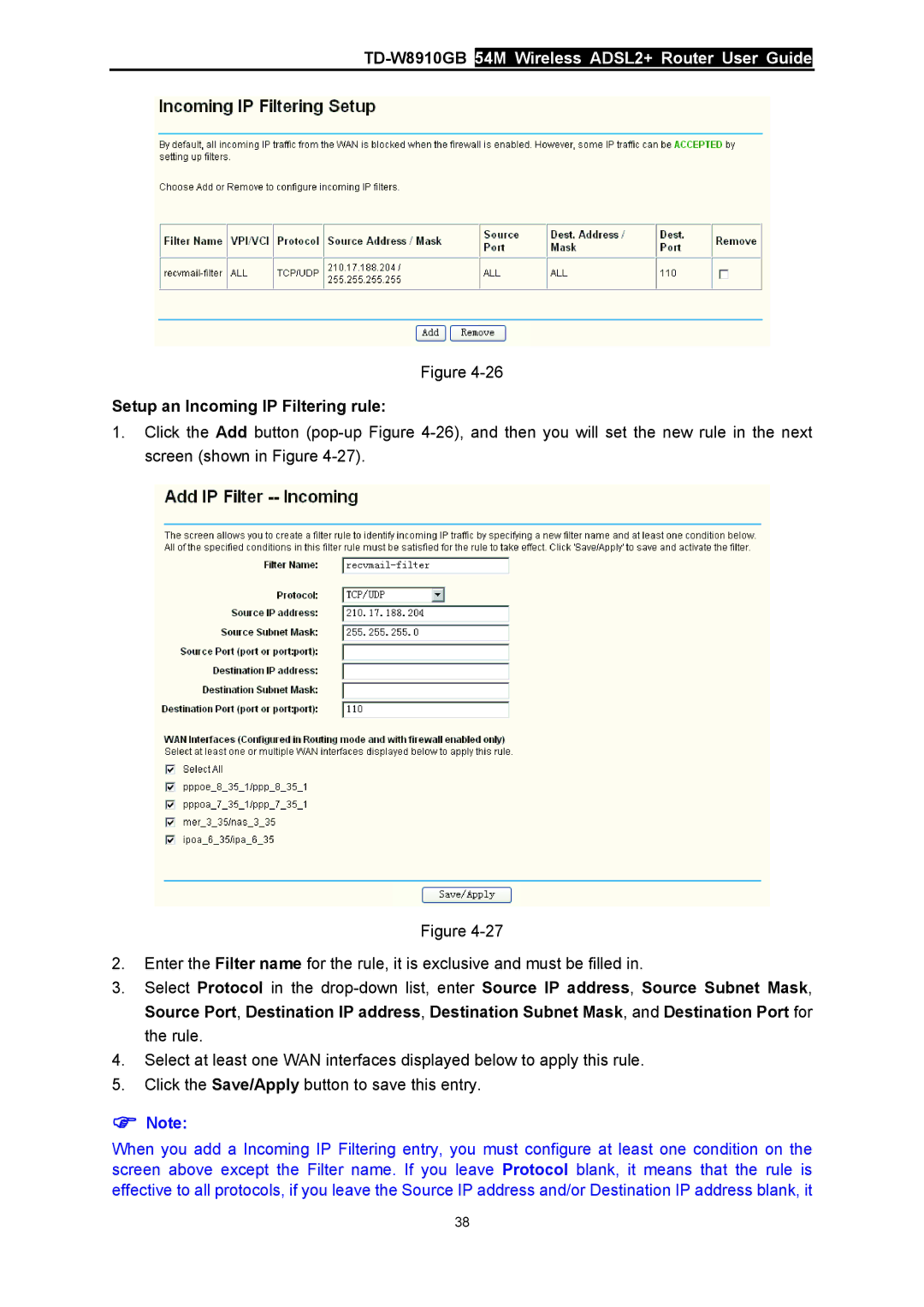 TP-Link TD-W8910GB manual Setup an Incoming IP Filtering rule 