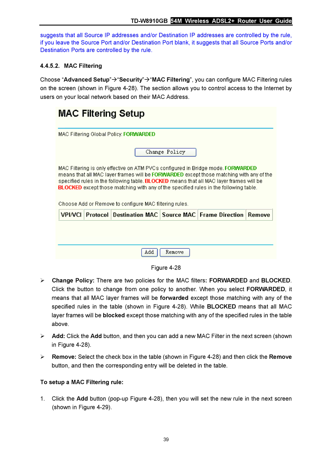 TP-Link TD-W8910GB manual To setup a MAC Filtering rule 