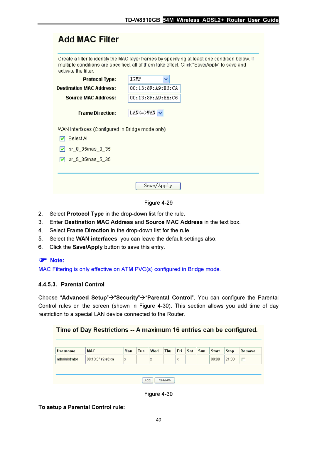 TP-Link TD-W8910GB manual To setup a Parental Control rule 