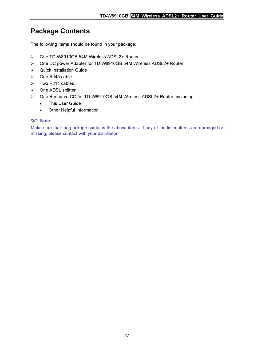 TP-Link TD-W8910GB manual Package Contents 