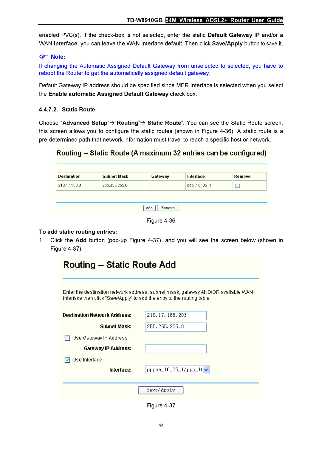 TP-Link TD-W8910GB manual Static Route, To add static routing entries 