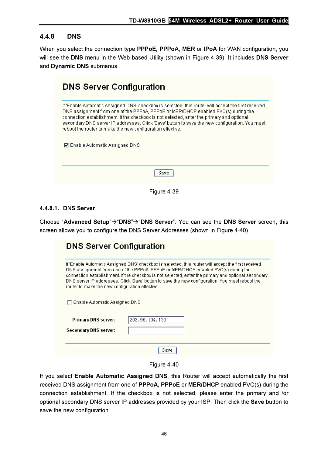 TP-Link TD-W8910GB manual 8 DNS, DNS Server 