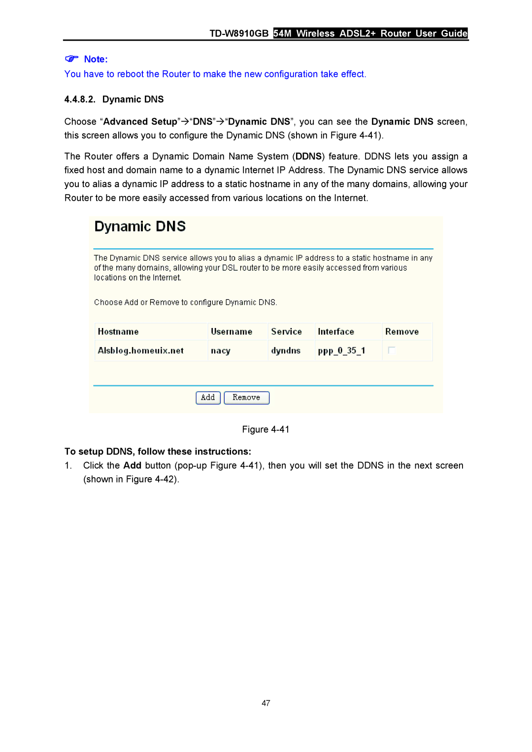 TP-Link TD-W8910GB manual Dynamic DNS, To setup DDNS, follow these instructions 