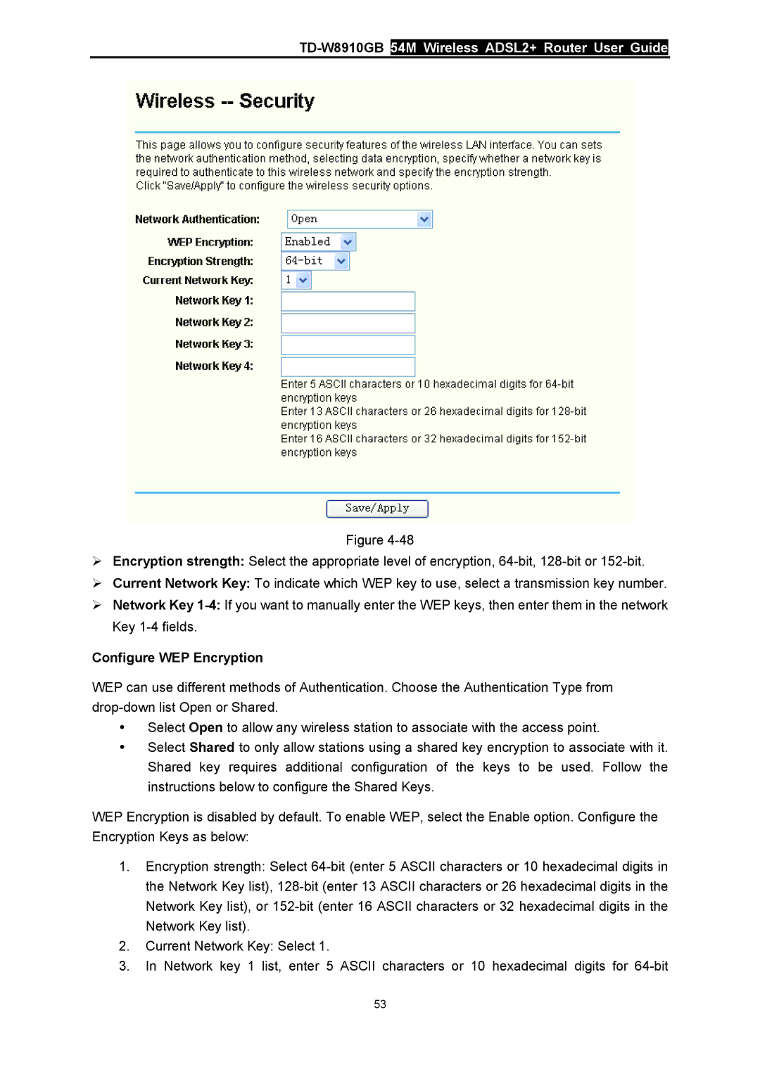 TP-Link TD-W8910GB manual Configure WEP Encryption 