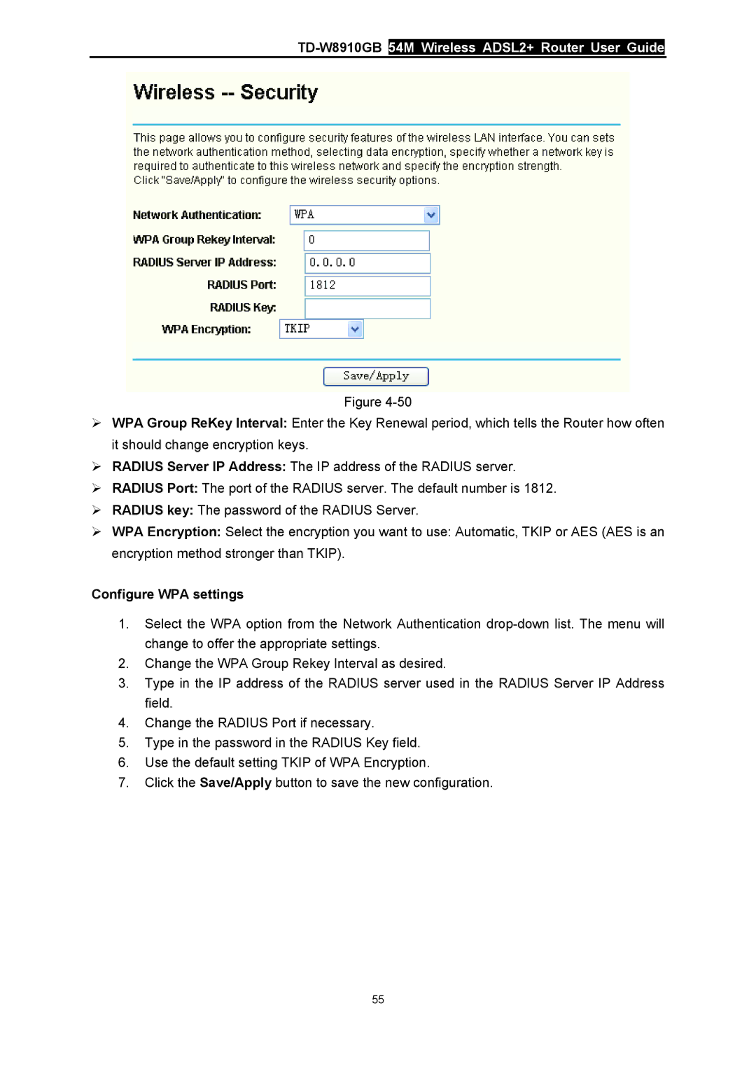 TP-Link TD-W8910GB manual Configure WPA settings 