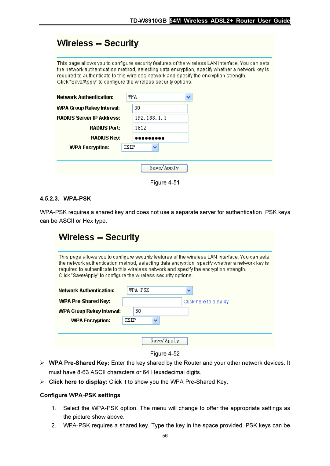 TP-Link TD-W8910GB manual Wpa-Psk, Configure WPA-PSK settings 