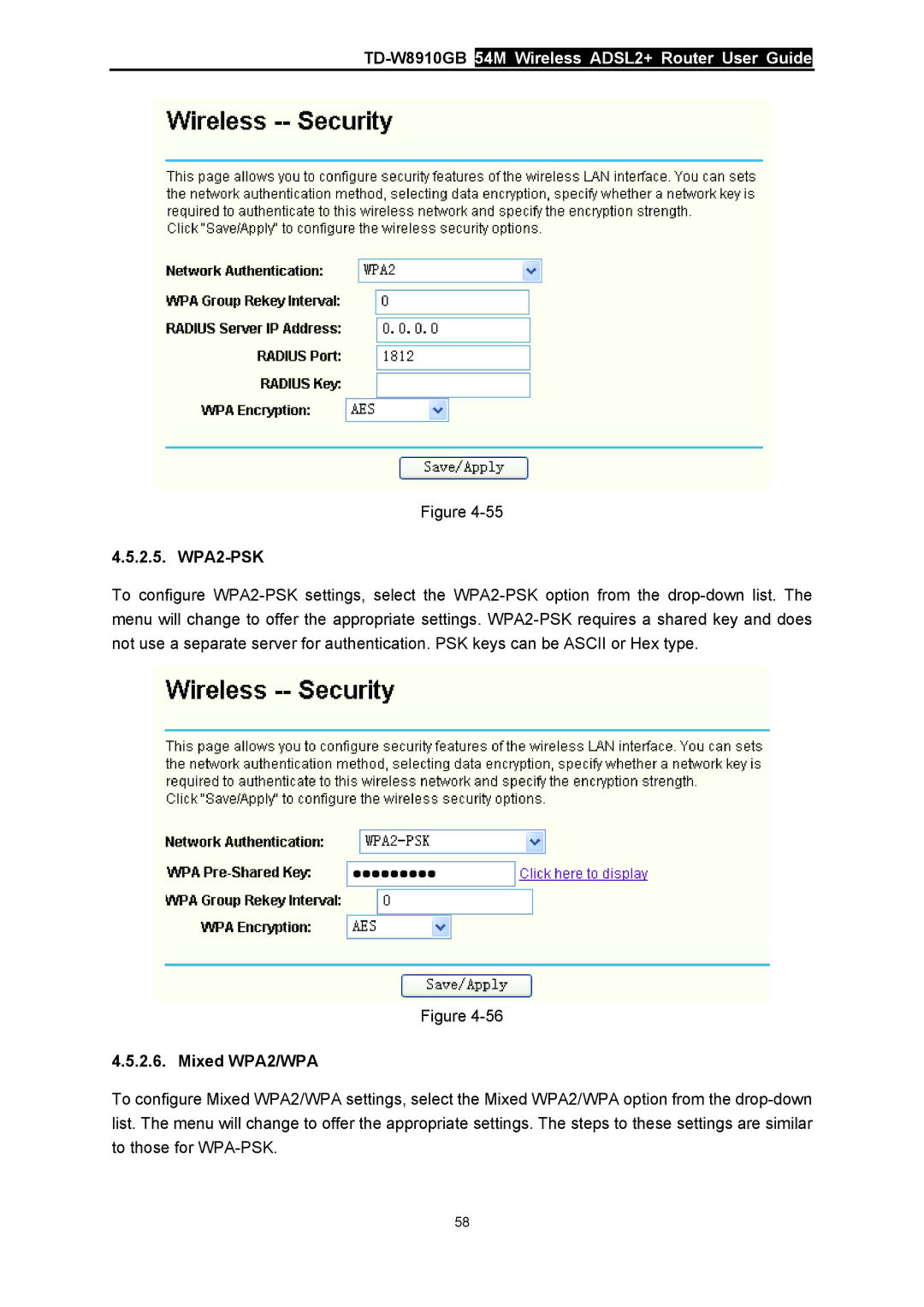 TP-Link TD-W8910GB manual WPA2-PSK, Mixed WPA2/WPA 