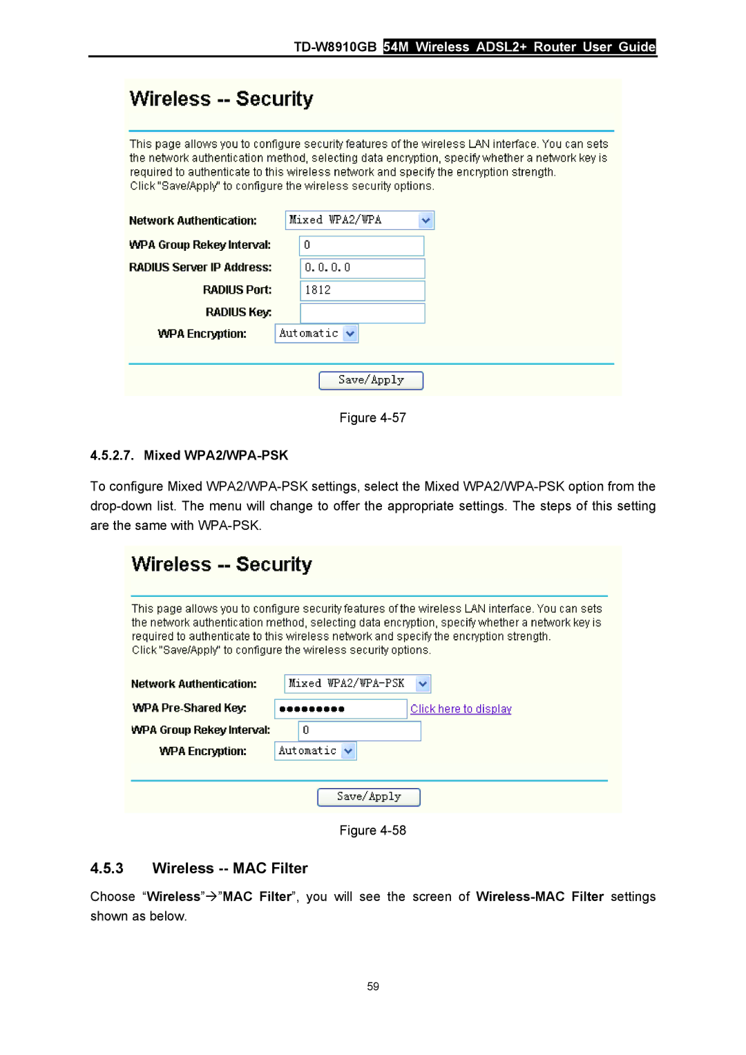 TP-Link TD-W8910GB manual Wireless -- MAC Filter, Mixed WPA2/WPA-PSK 