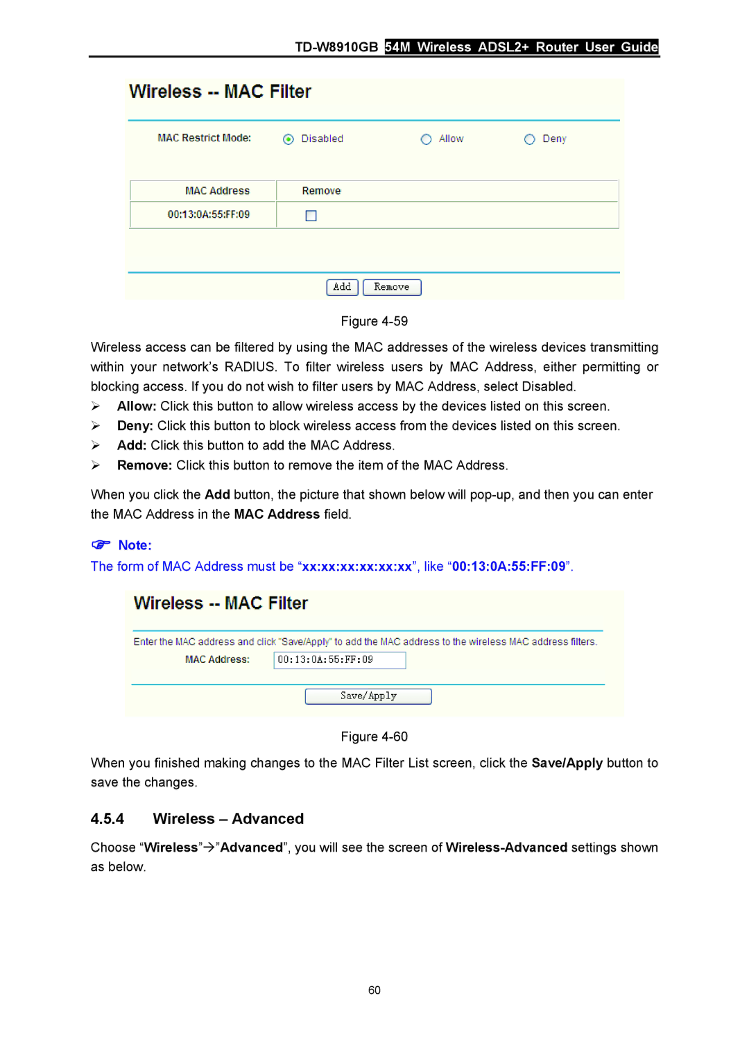 TP-Link TD-W8910GB manual Wireless Advanced, Form of MAC Address must be xxxxxxxxxxxx, like 00130A55FF09 