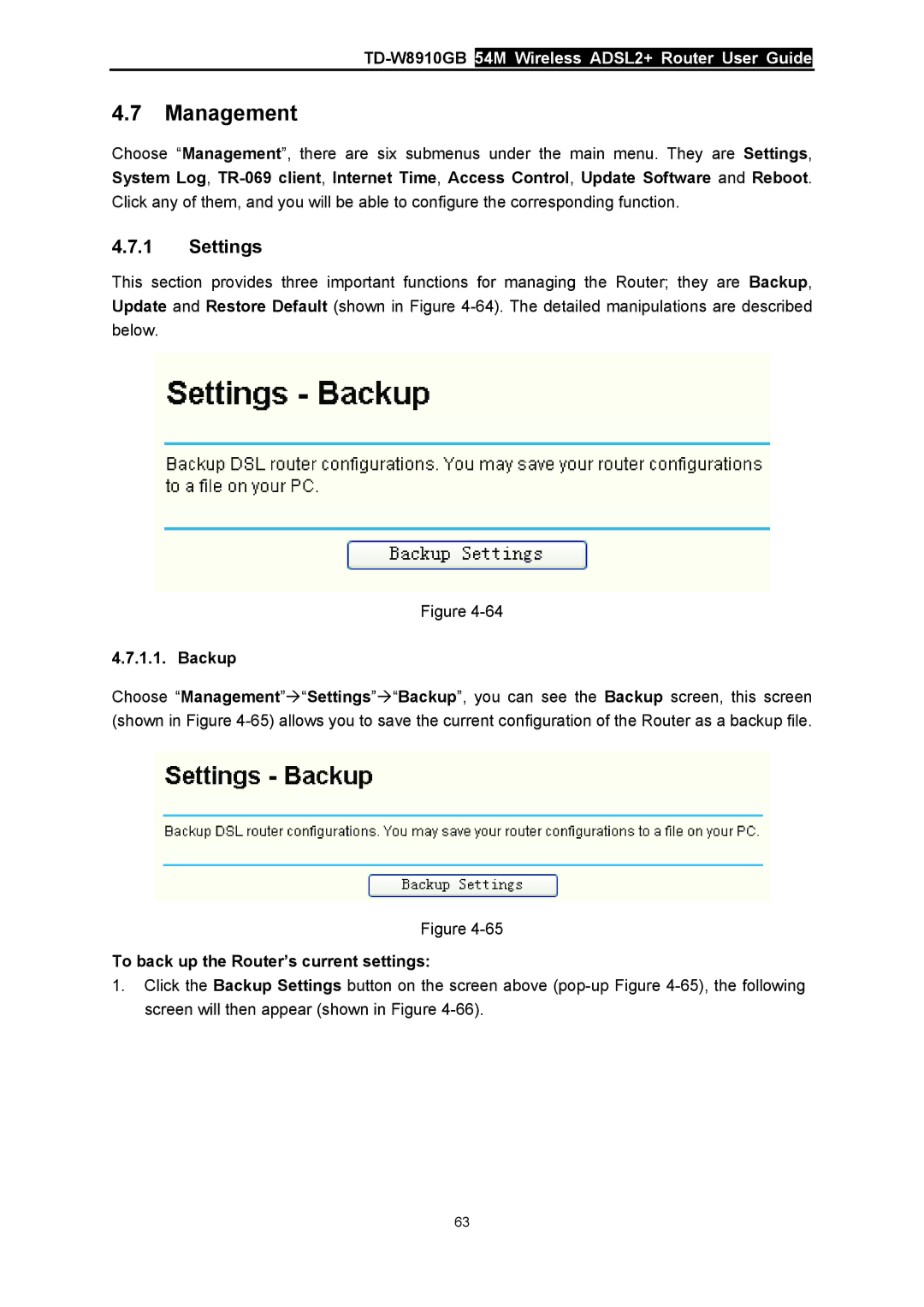 TP-Link TD-W8910GB manual Management, Settings, Backup, To back up the Router’s current settings 