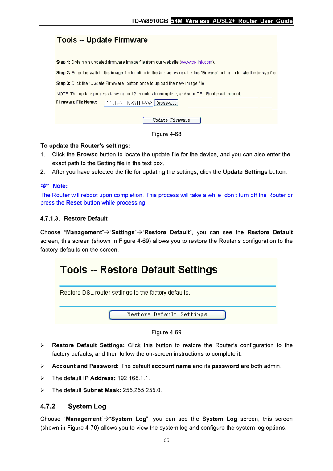 TP-Link TD-W8910GB manual System Log, To update the Router’s settings 