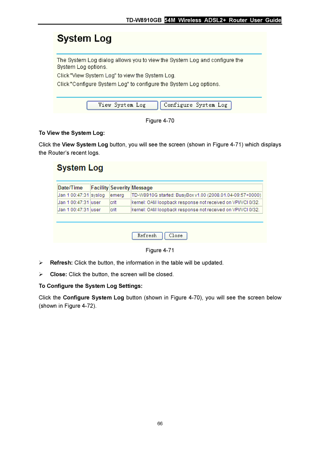 TP-Link TD-W8910GB manual To View the System Log, To Configure the System Log Settings 