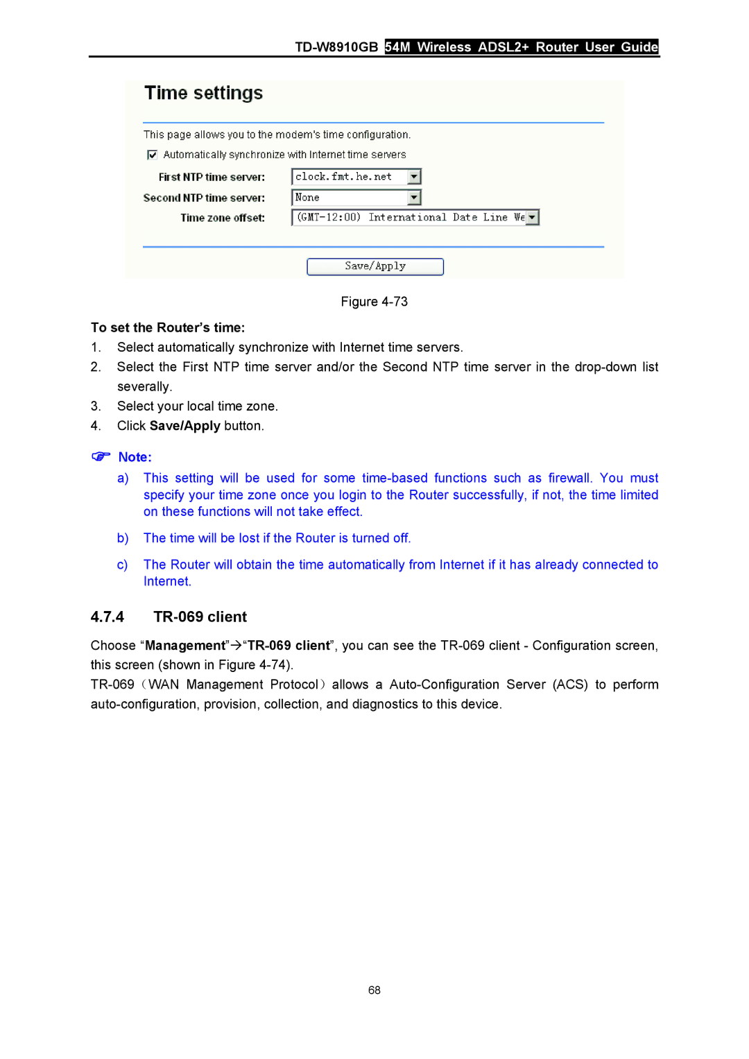 TP-Link TD-W8910GB manual 4 TR-069 client, To set the Router’s time 