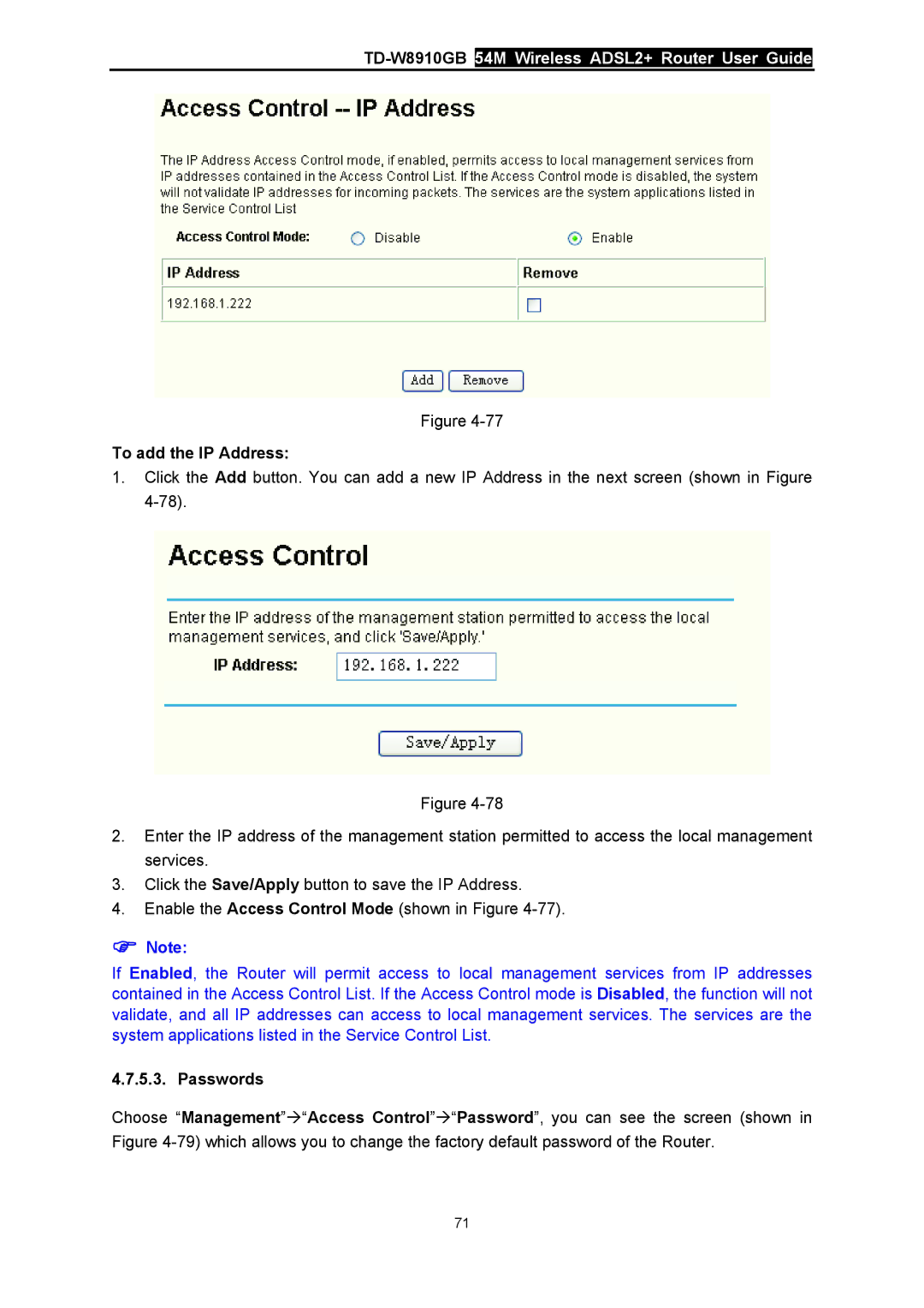 TP-Link TD-W8910GB manual To add the IP Address, Passwords 