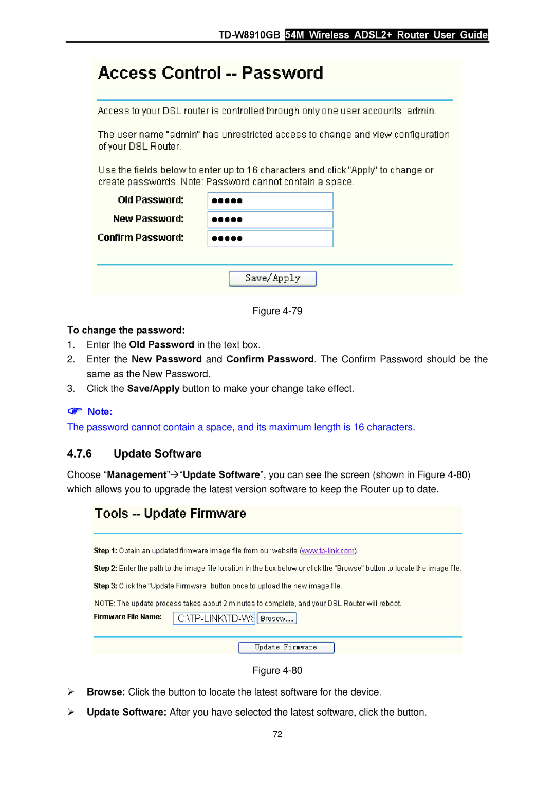 TP-Link TD-W8910GB manual Update Software, To change the password 