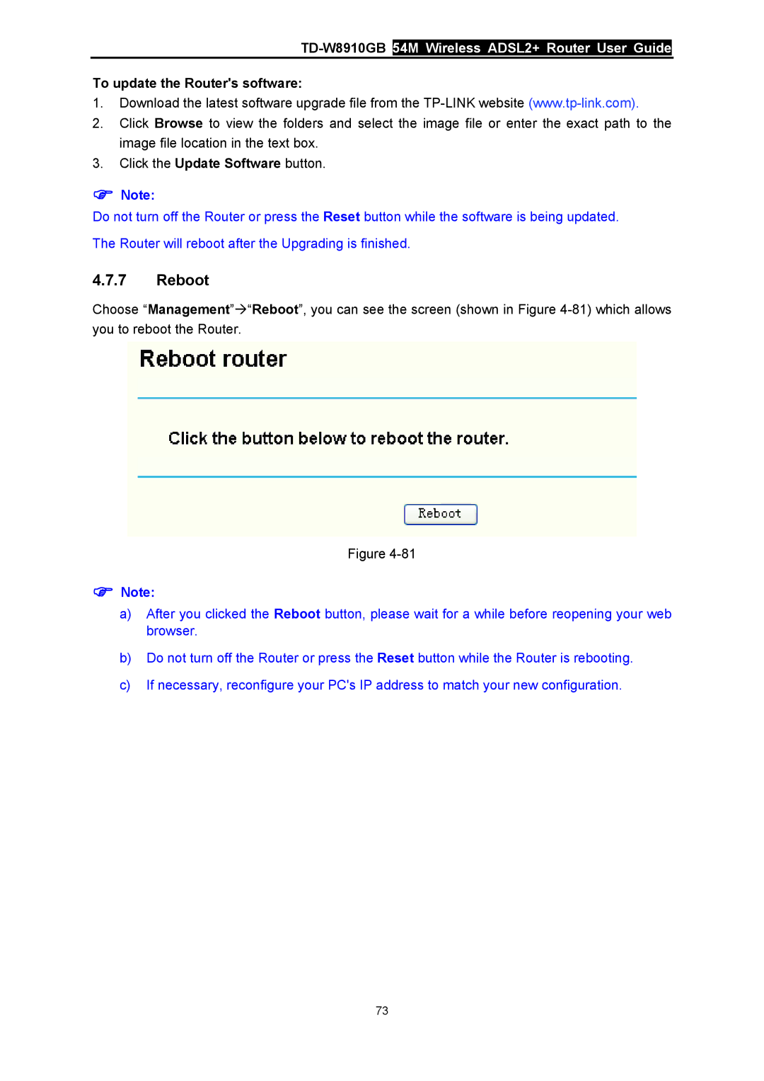 TP-Link TD-W8910GB manual Reboot, To update the Routers software 