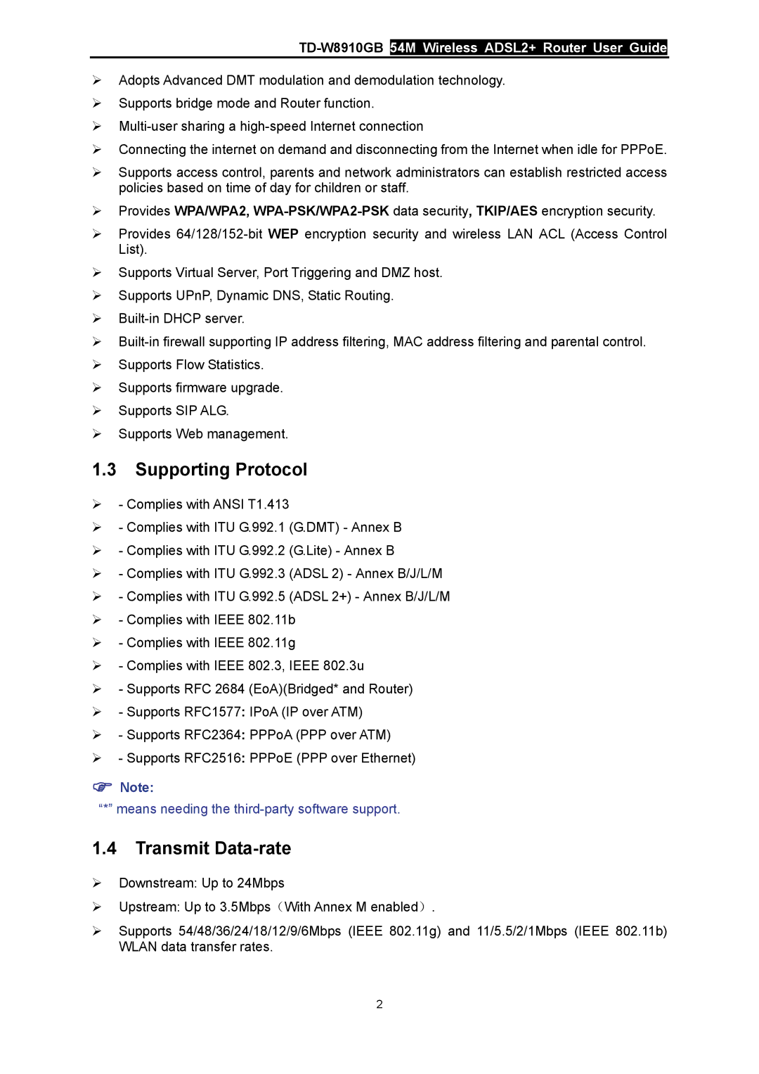 TP-Link TD-W8910GB manual Supporting Protocol, Transmit Data-rate 