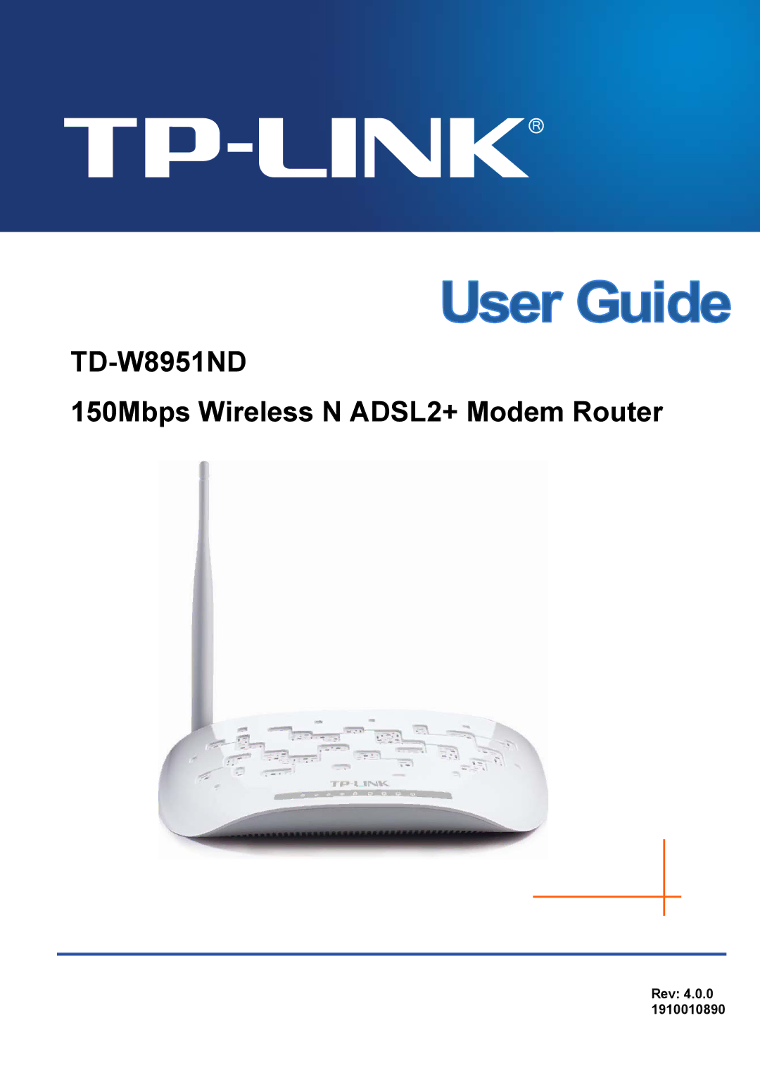 TP-Link td-w8951nd manual TD-W8951ND 150Mbps Wireless N ADSL2+ Modem Router, Rev 4.0.0 