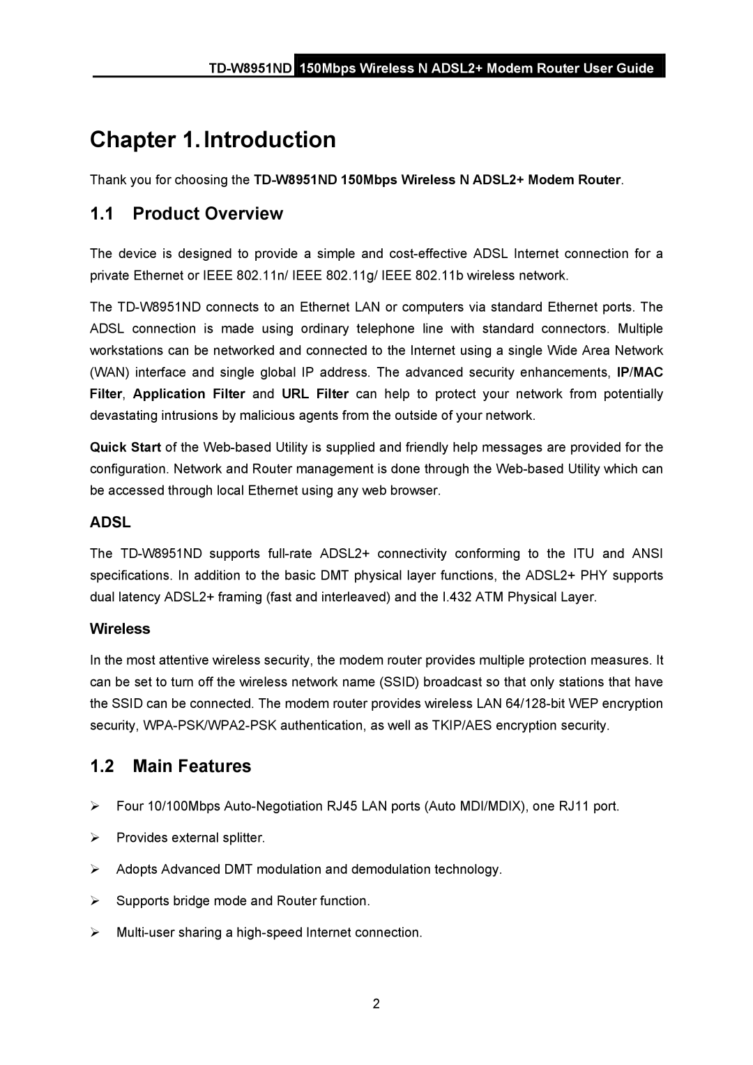 TP-Link td-w8951nd manual Product Overview, Main Features, Wireless 