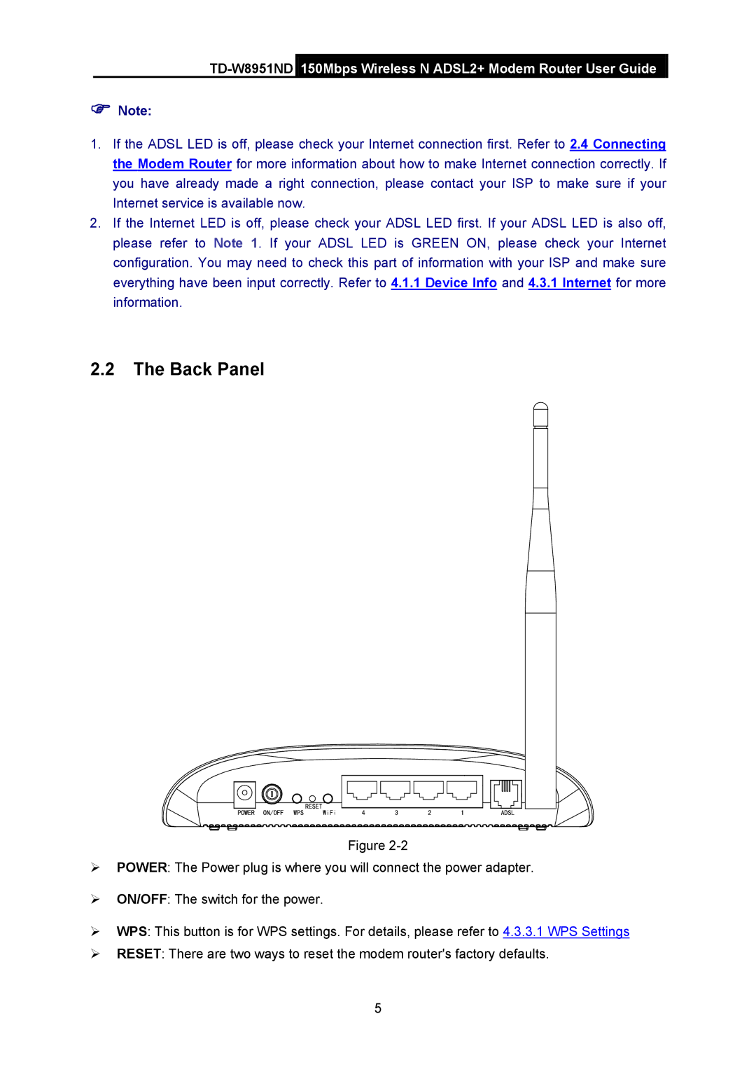 TP-Link td-w8951nd manual Back Panel 