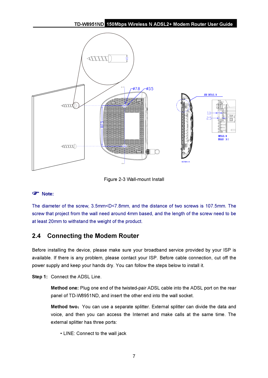 TP-Link td-w8951nd manual Connecting the Modem Router, Wall-mount Install 