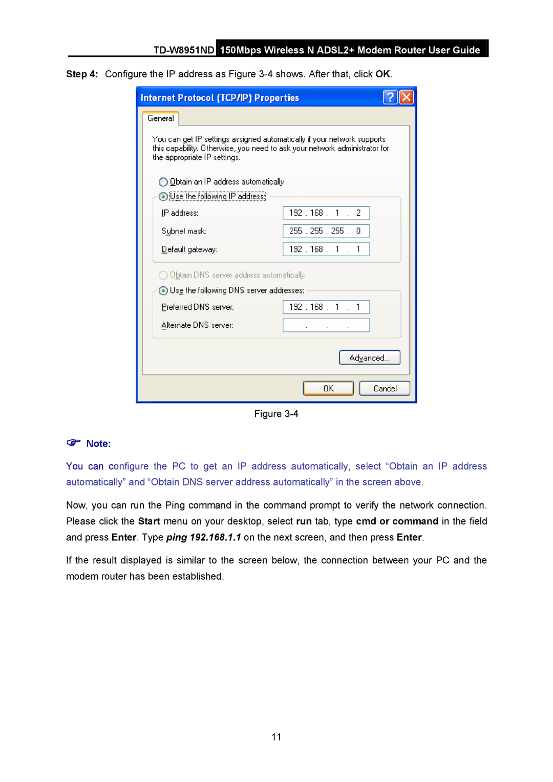 TP-Link td-w8951nd manual Configure the IP address as -4shows. After that, click OK 