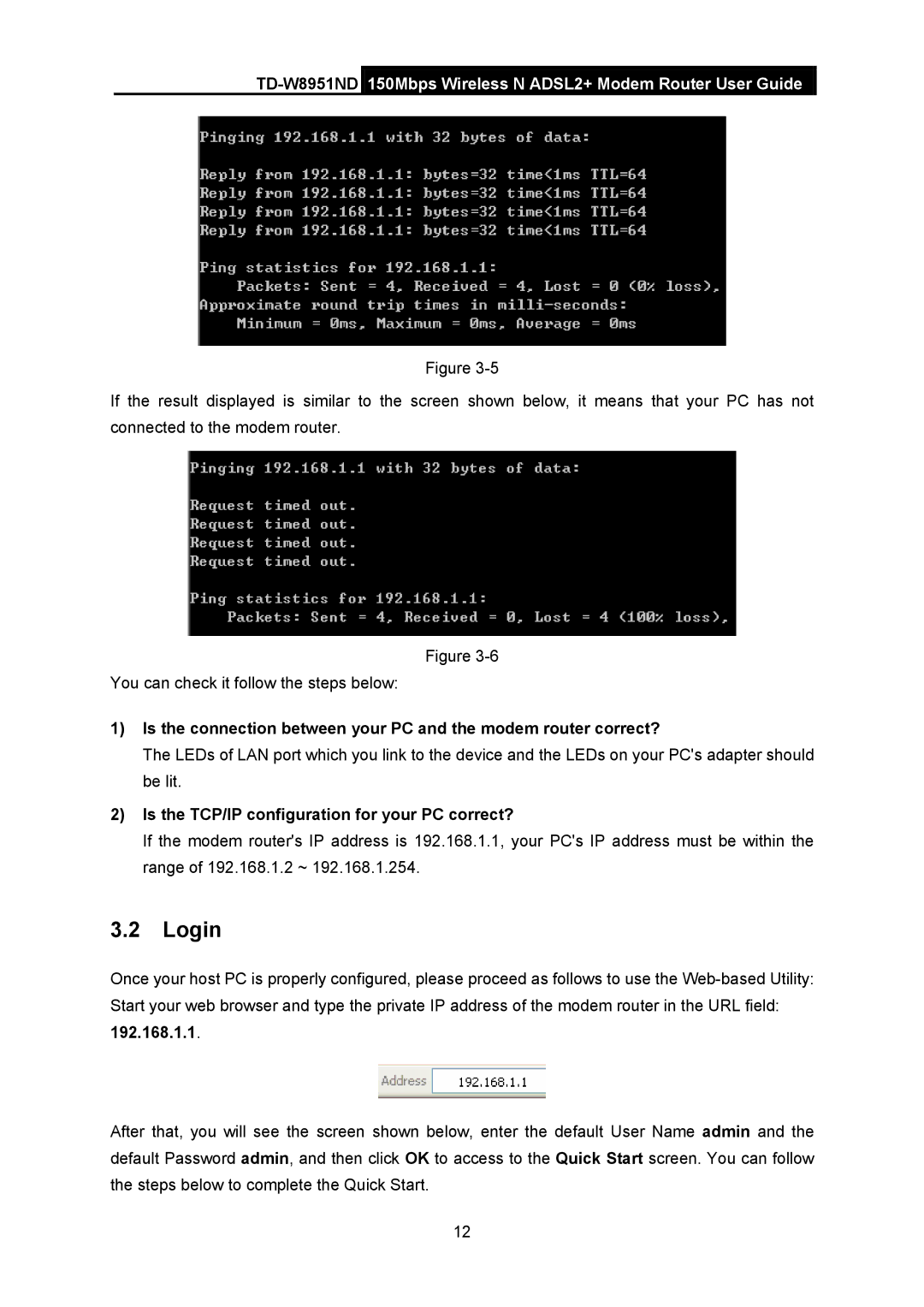 TP-Link td-w8951nd manual Login, Is the TCP/IP configuration for your PC correct? 