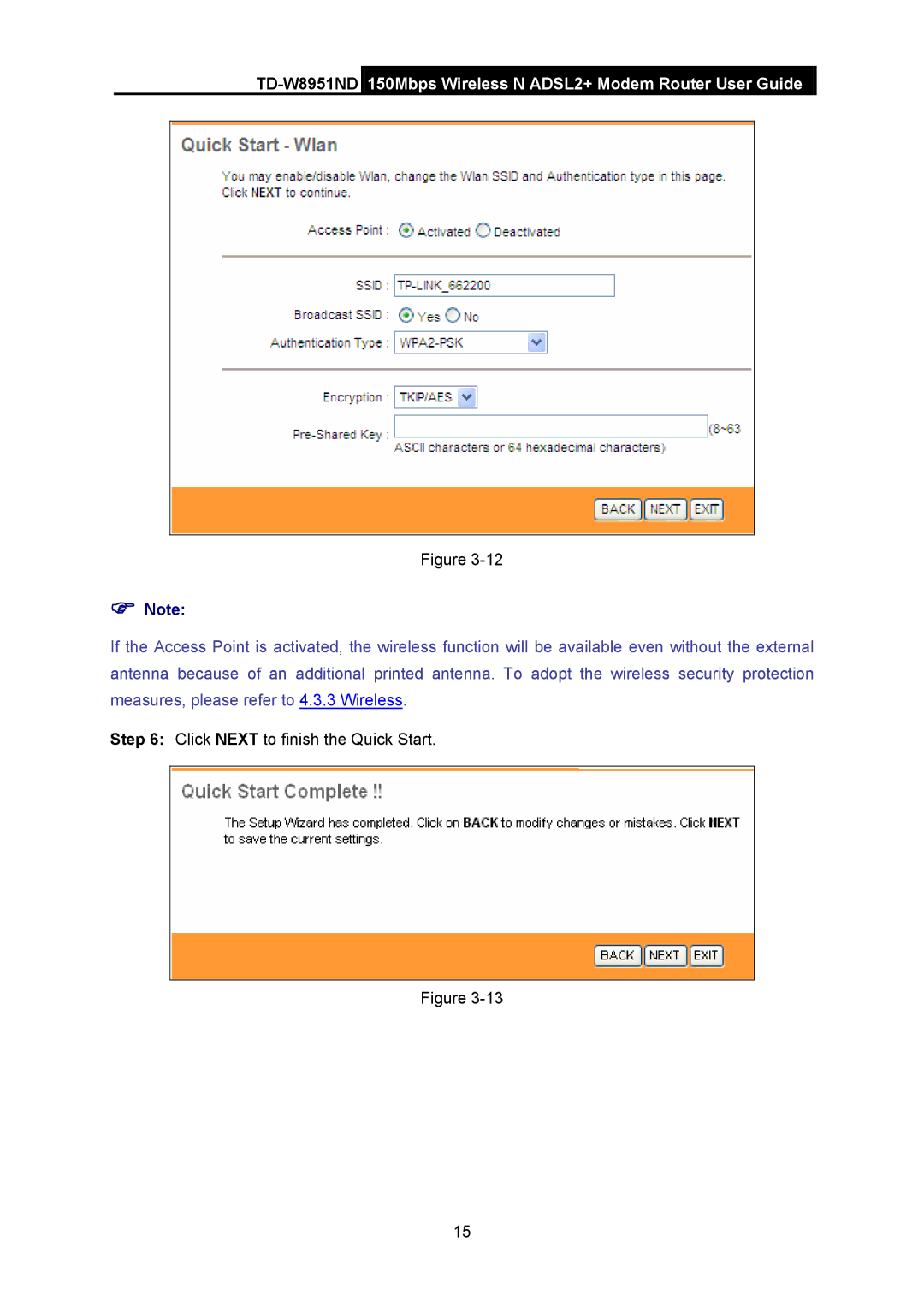 TP-Link td-w8951nd manual Click Next to finish the Quick Start 