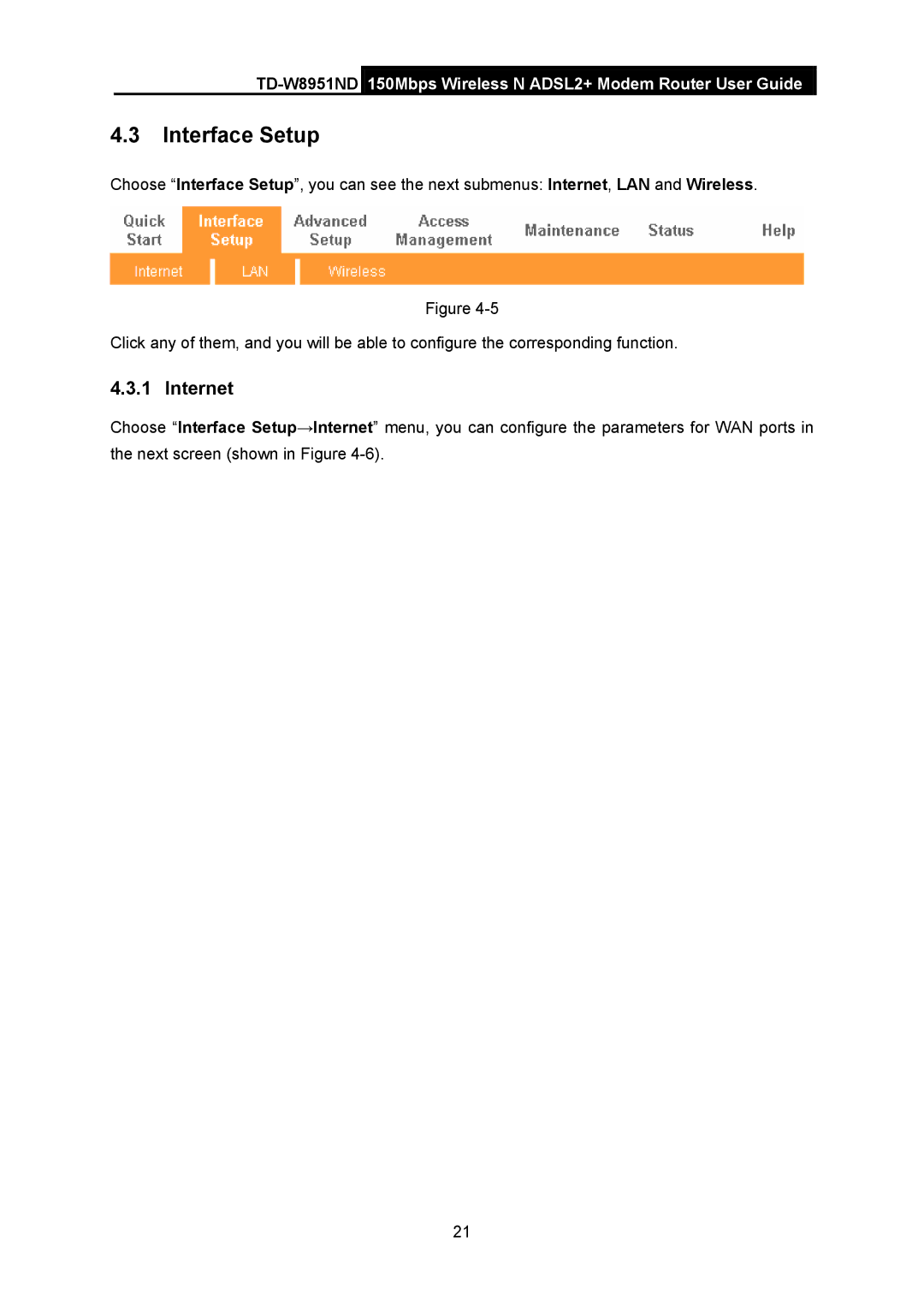 TP-Link td-w8951nd manual Interface Setup, Internet 