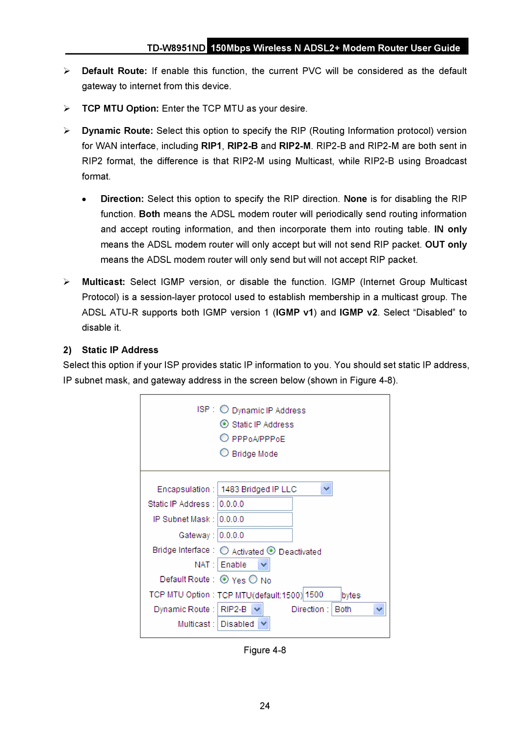 TP-Link td-w8951nd manual Static IP Address 