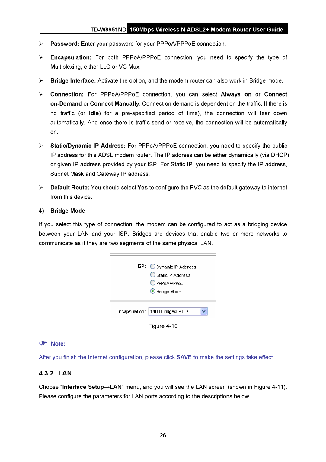 TP-Link td-w8951nd manual 2 LAN, Bridge Mode 