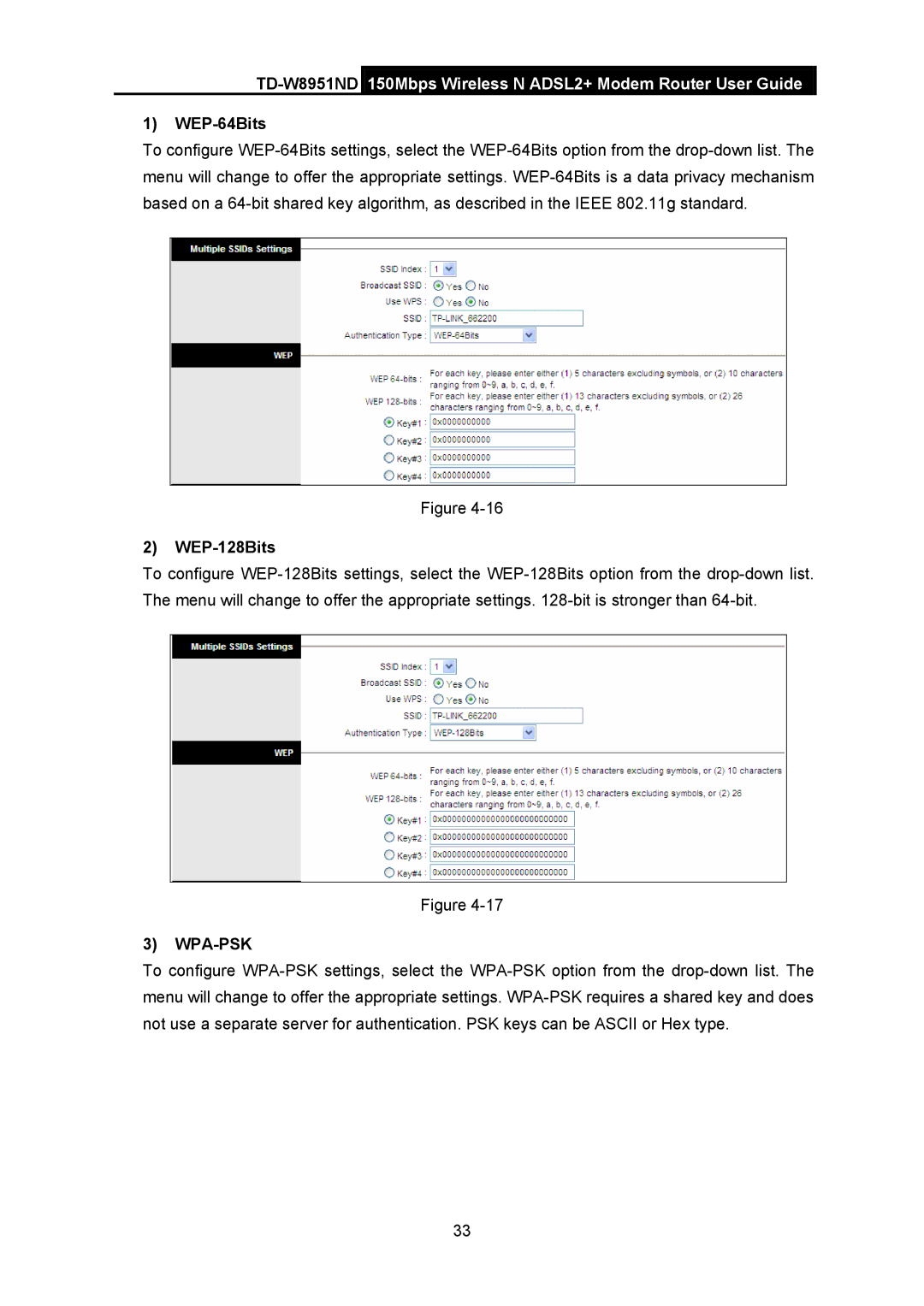 TP-Link td-w8951nd manual WEP-64Bits, WEP-128Bits 