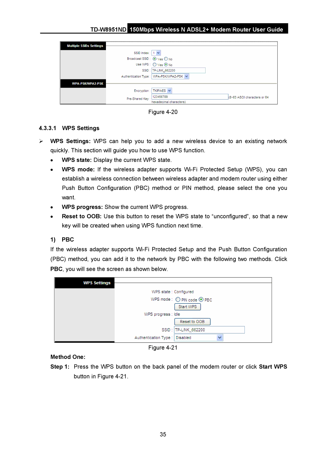 TP-Link td-w8951nd manual WPS Settings, Pbc, Method One 